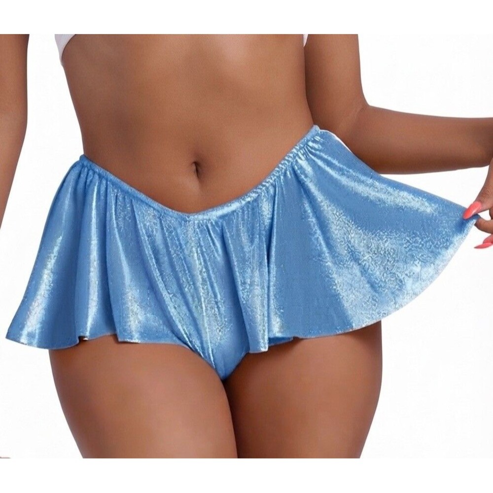 Women's Light Blue Velvet Ruffle Shorts Sparkle Y2K Festival Rave Hot Pants Med